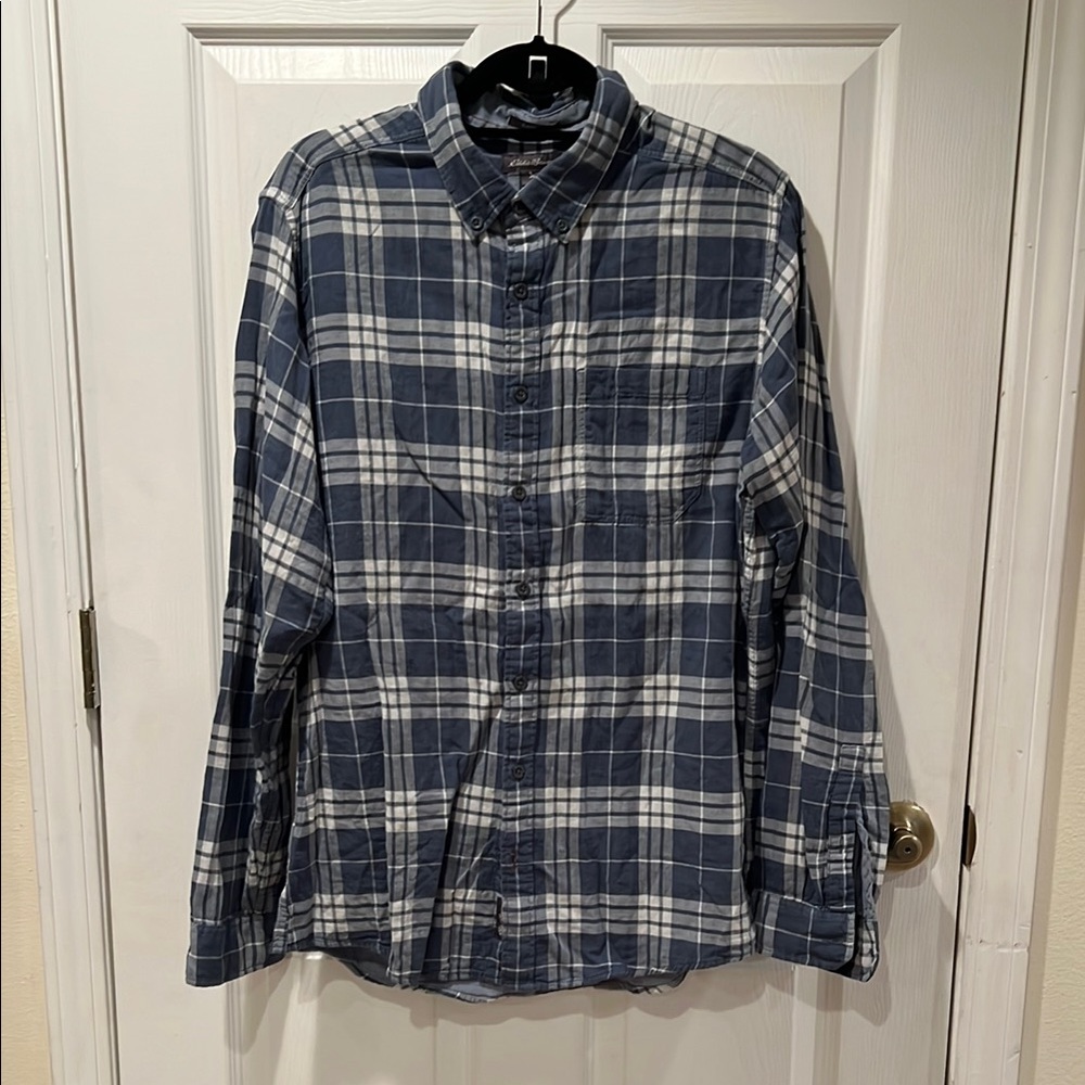 Eddie Bauer Classic Fit Men's Tall Blue & White Plaid Button Down LS Shirt